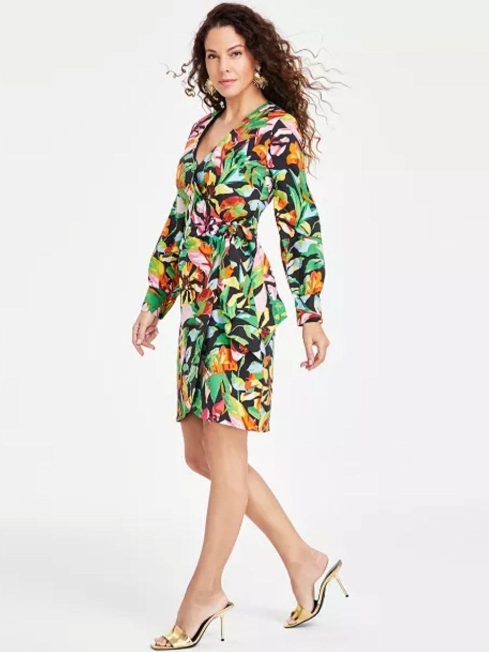 Vibrant Tropical Wrap Dress in Black & Multicolor
